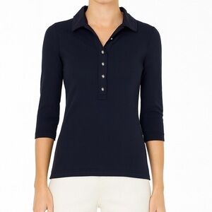 Tory Burch Navy Blue Button Down Polo Cotton Knit Shirt SMALL